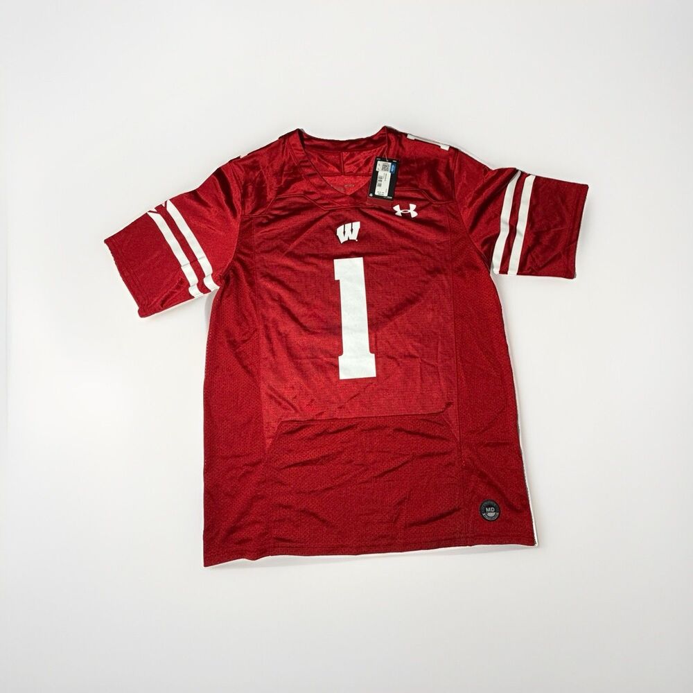 NWT Under Armour Wisconsin Badgers #1 Football Jersey Men M Red NCAA